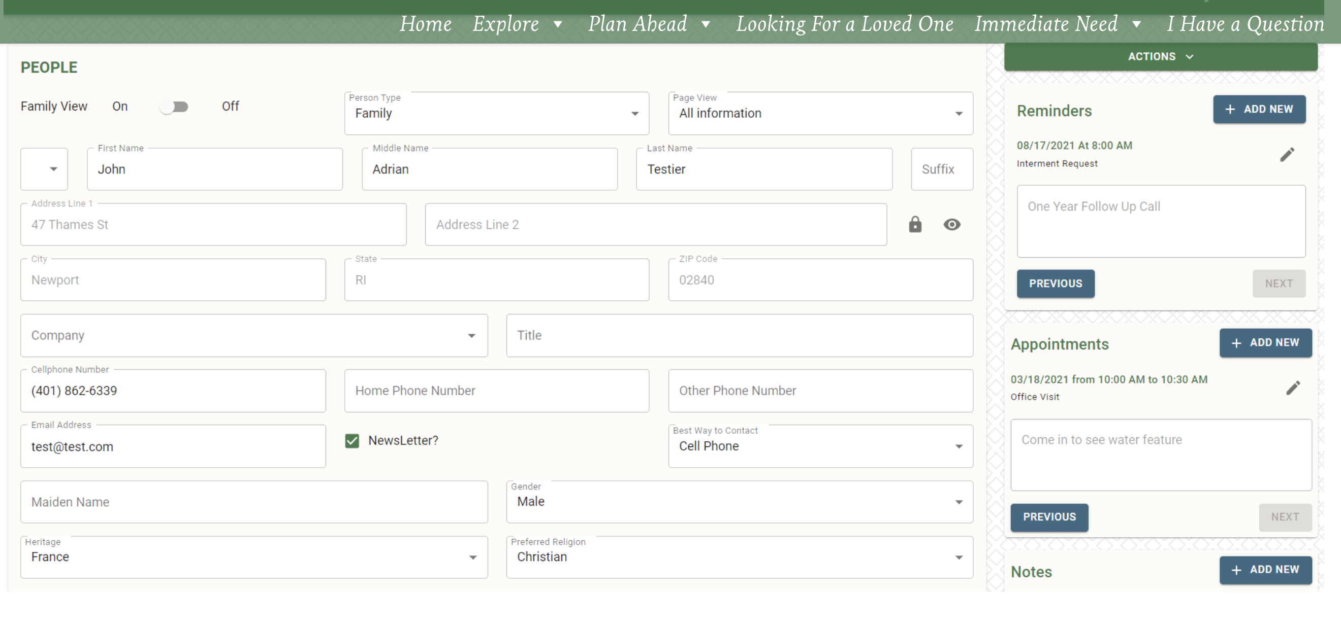 User interface for a management system. It includes various input fields for personal information such as name, address, phone number, and email, as well as sections for reminders, appointments, and notes. The interface has a clean design with a light color scheme and green accents, and features toggles for ‘Family View’ and ‘Person Type’ selection. There are also actions available for adding new entries and navigating through previous and next items in each section.