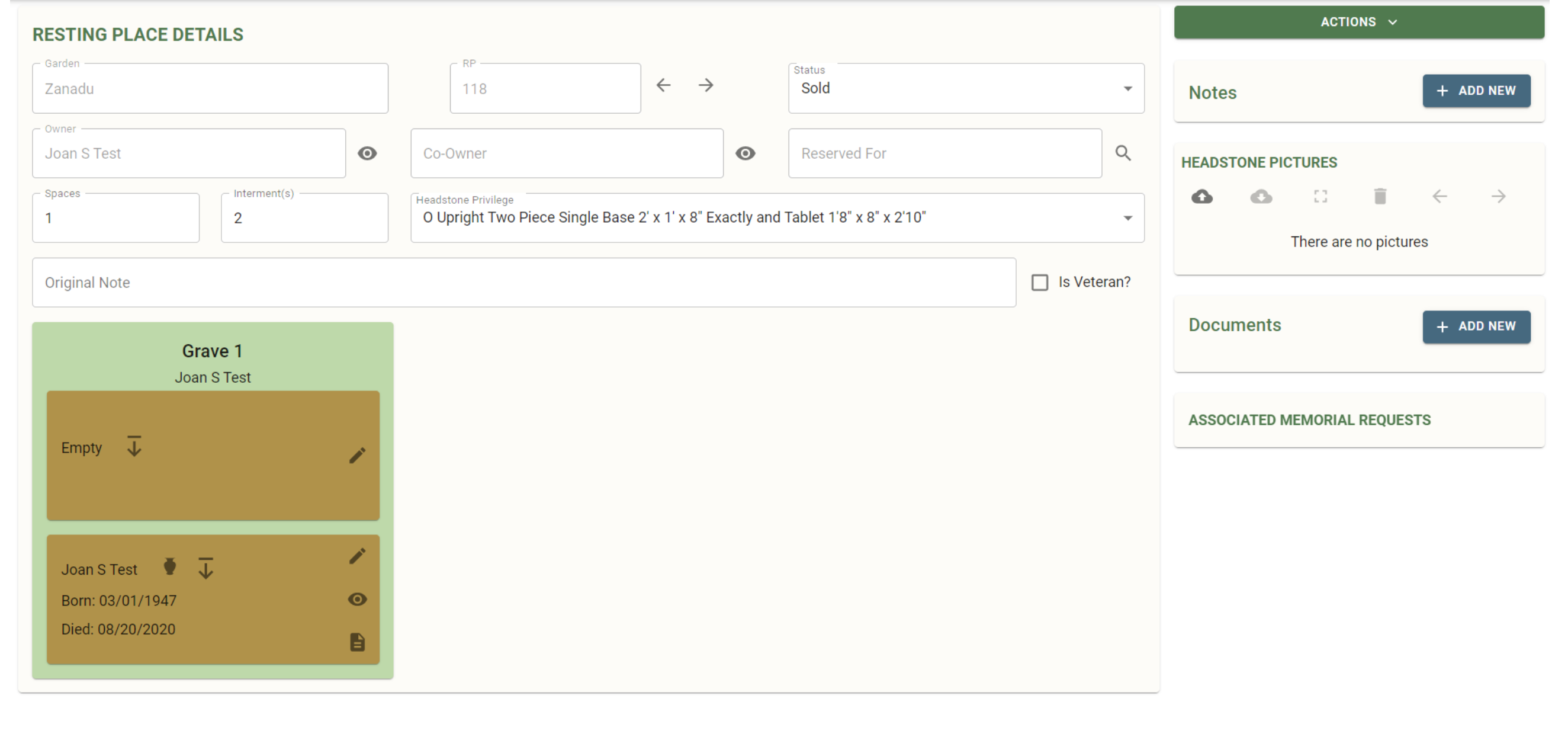 Screenshot of a digital interface displaying details of a resting place. It includes fields for tenant and co-owner information, grave status, and instructions for ridge size. There’s a section showing “Grave 1” assigned to an individual with dates of birth and death provided. Options to add notes, pictures, and documents are available, with no current pictures or documents added. The interface is organized and designed for managing resting place details.