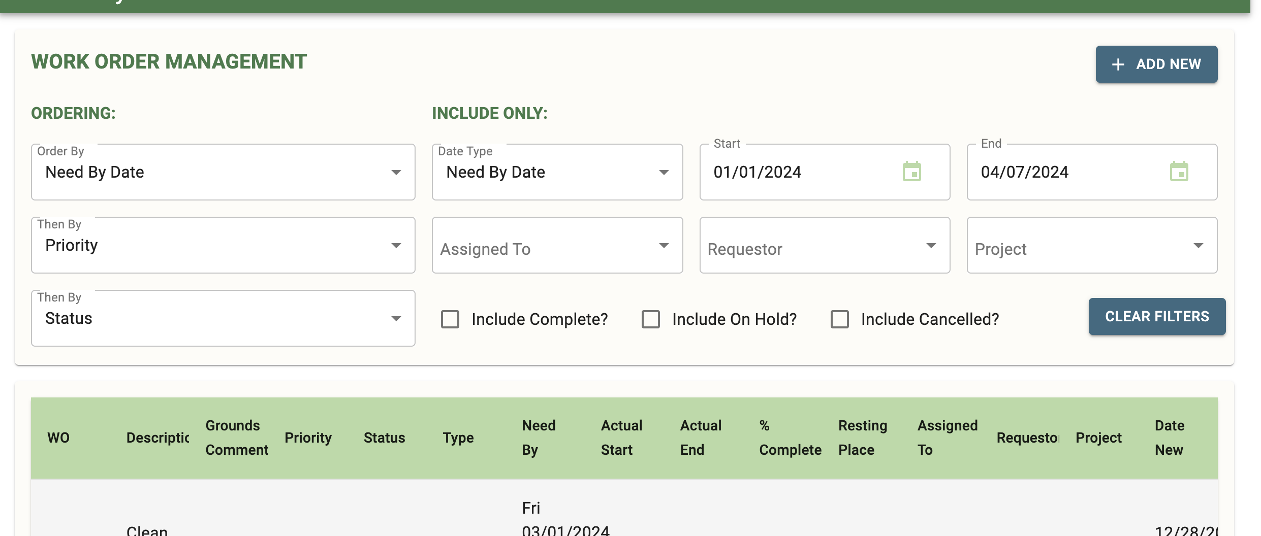 Screenshot of a “Work Order Management” interface. It features a green “+ ADD NEW” button and sections for filtering work orders by date, priority, status, assigned personnel, and more. A table lists work order details such as description, comments, priority, status, type, and dates. Filters for including completed, on hold, or cancelled orders are also present. 