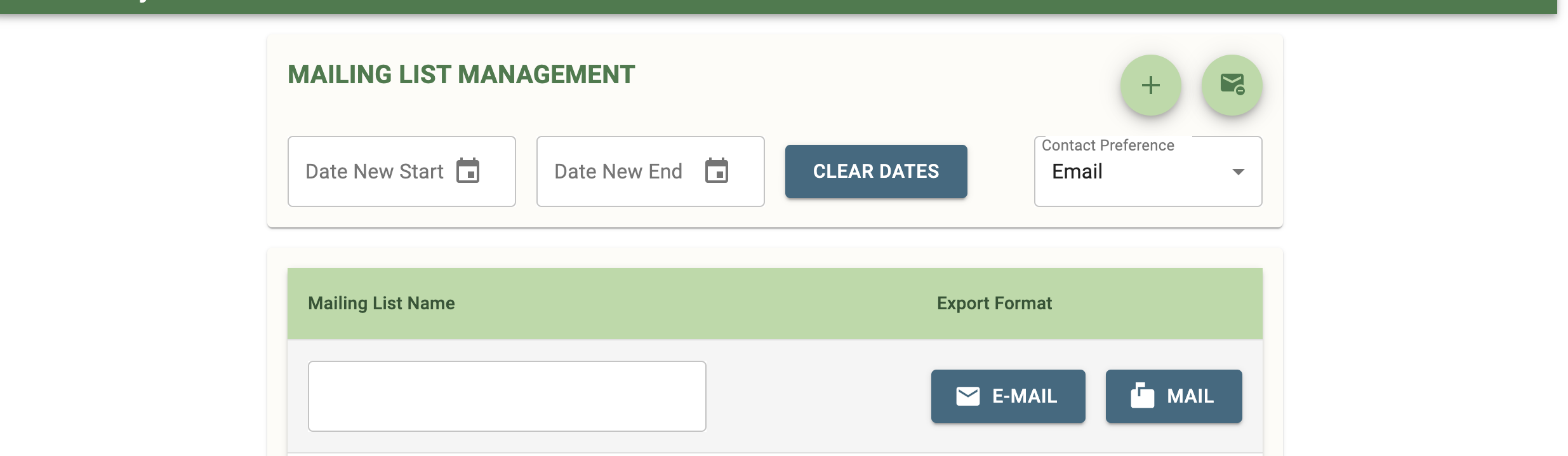 A screenshot of a mailing list management interface with options for date selection, contact preference, and export format.