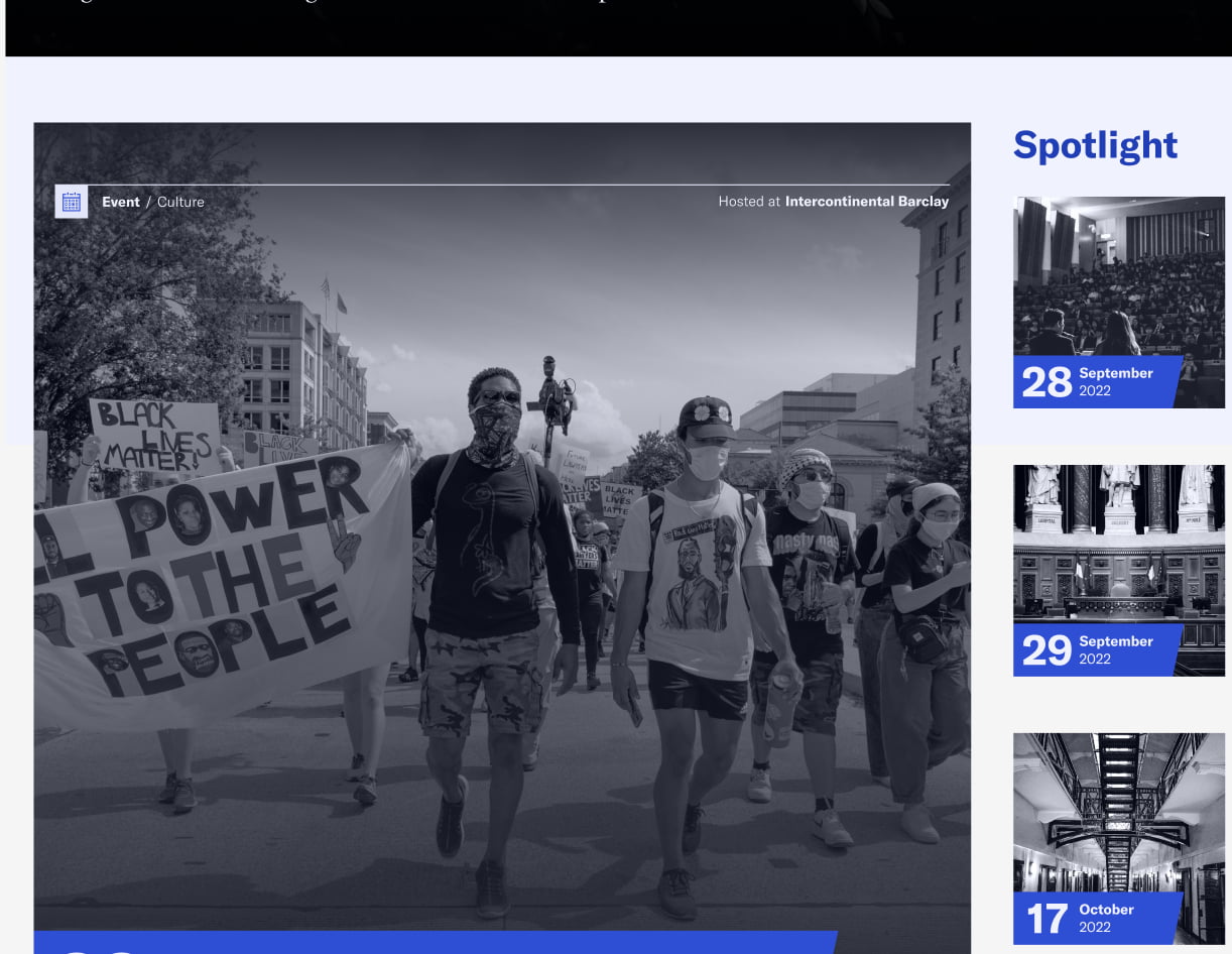 Screenshot of a webpage section titled ‘Spotlight,’ featuring an event schedule hosted at Intercontinental Barclay. The dates listed are 28 September 2022, 29 September 2022, and 17 October 2022, each accompanied by thumbnail images representing different cultural scenes or locations.