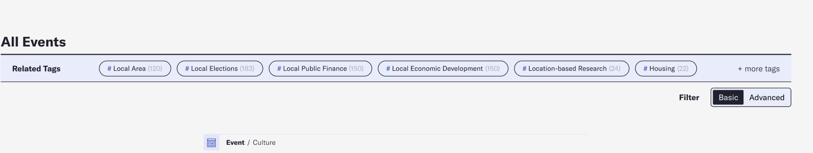 Screenshot of an events page titled “All Events,” featuring related tags for local topics such as Local Area, Local Elections, Local Public Finance, Local Economic Development, Location-based Research, and Housing. Each tag is accompanied by a number indicating the quantity of related events. There are filter options available, including Basic and Advanced, to refine the search results. 