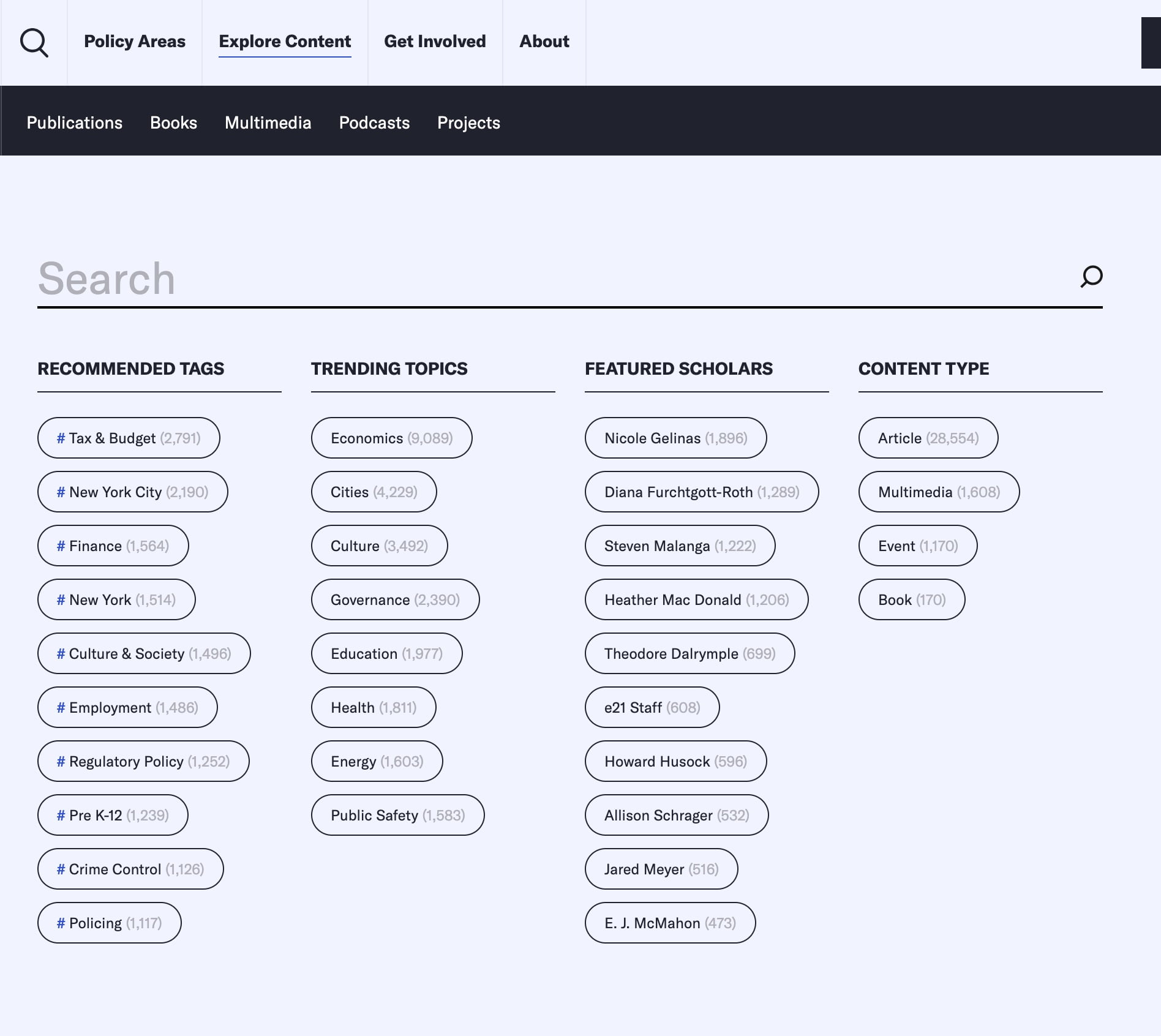 A screenshot of a search interface on a website, which includes various options for filtering content such as recommended tags, trending topics, featured scholars, and content types.