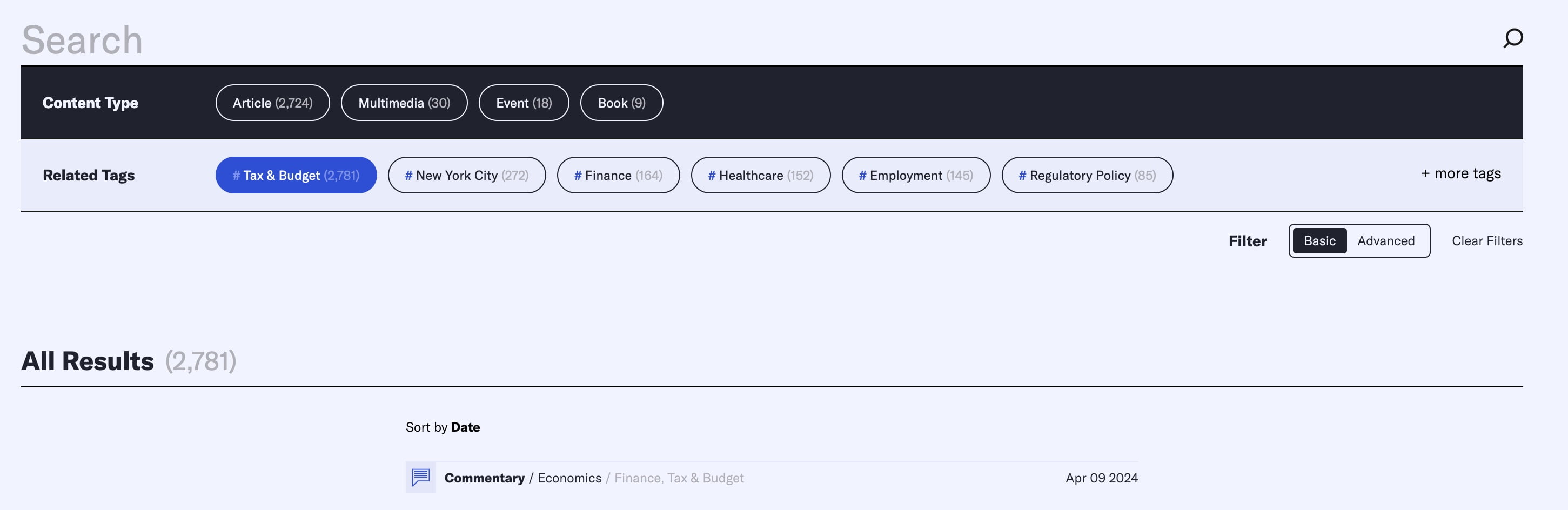 Screenshot of a search interface on a website, featuring a search bar at the top and filter options below for “Content Type” with checkboxes for articles, multimedia, events, and books. “Related Tags” are also present, including tax & budget, New York City, finance, healthcare, employment, and regulatory policy, each with a number indicating the count of related items. The main area displays the total search results, with options to sort by date and filter the results. 