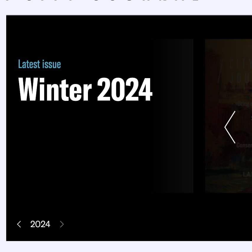 A digital interface with the text “Latest issue Winter 2024” and navigation arrows, indicating it’s part of a content carousel.